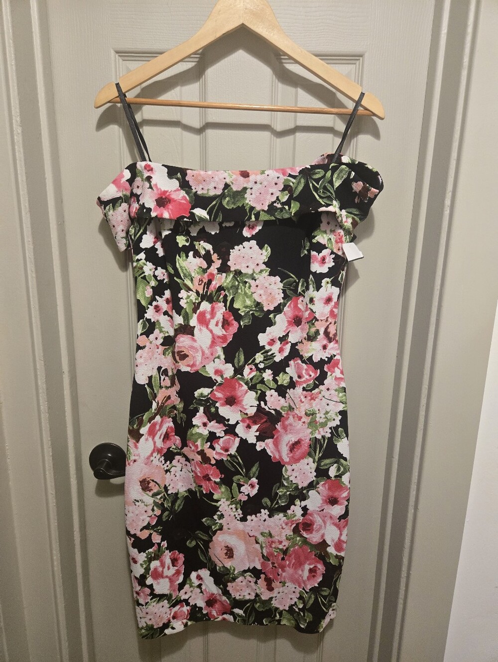 Premier Amour Pink and Black Floral Off-The-Shoulder Bodycon Dress Sz 12